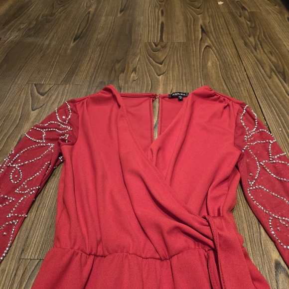 Marina Red Surplice V-Neck Long Beaded Sleeve Scuba Crepe Jumpsuit Evening 4 New - Picture 8 of 11